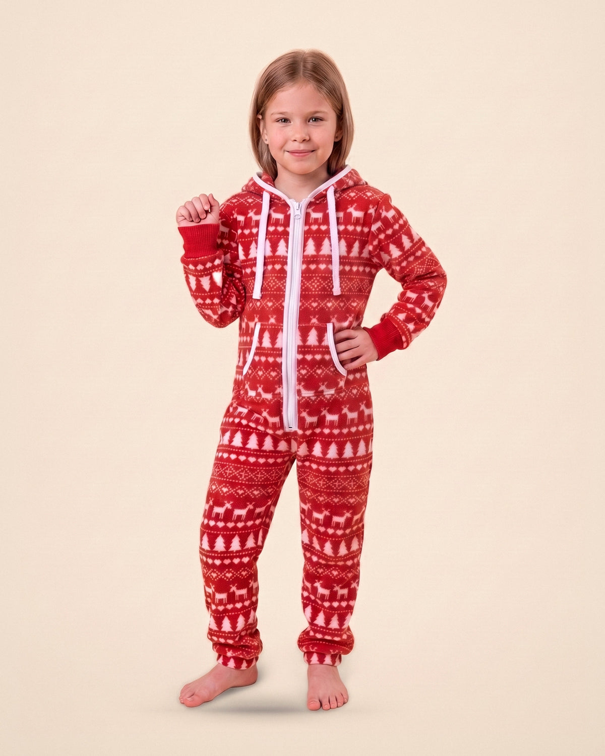 North | Light Fleece Kids, red Nordic reindeer print light fleece kids onesie, front view on a girl | Unichill kids onesie designed in Calgary