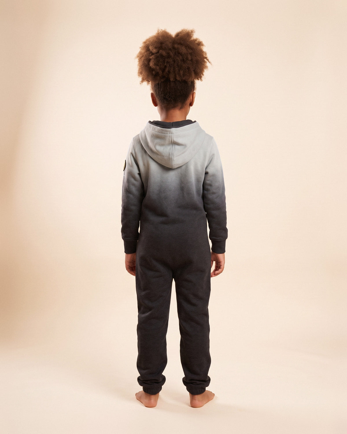 Smokey Ombre Kids, grey-blue to charcoal ombre fleece kids onesie, back view | Unichill kids onesie designed in Calgary