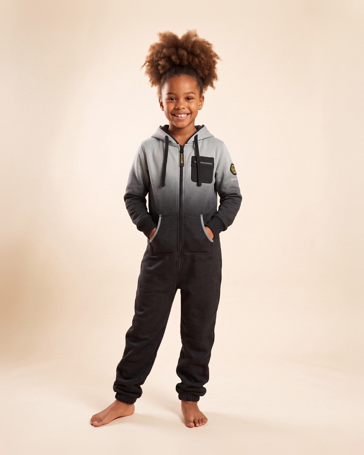 Smokey Ombre Kids, grey-blue to charcoal ombre fleece kids onesie, front view | Unichill kids onesie designed in Calgary
