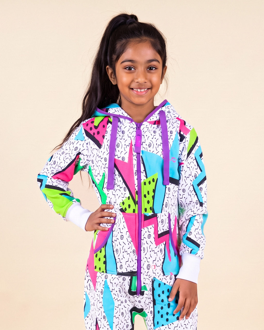 Retro 86' Kids, retro eighties print kids onesie, close-up of the hood, zipper and print | Unichill kids onesie designed in Calgary