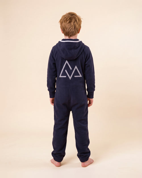 7Summits Kids, navy kids onesie with white chevron stripes, 7Summits x Mike Hamill collaboration, back view with the mountain logo | Unichill kids onesie designed in Calgary