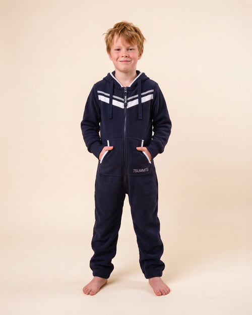 7Summits Kids, navy kids onesie with white chevron stripes, 7Summits x Mike Hamill collaboration, front view | Unichill kids onesie designed in Calgary