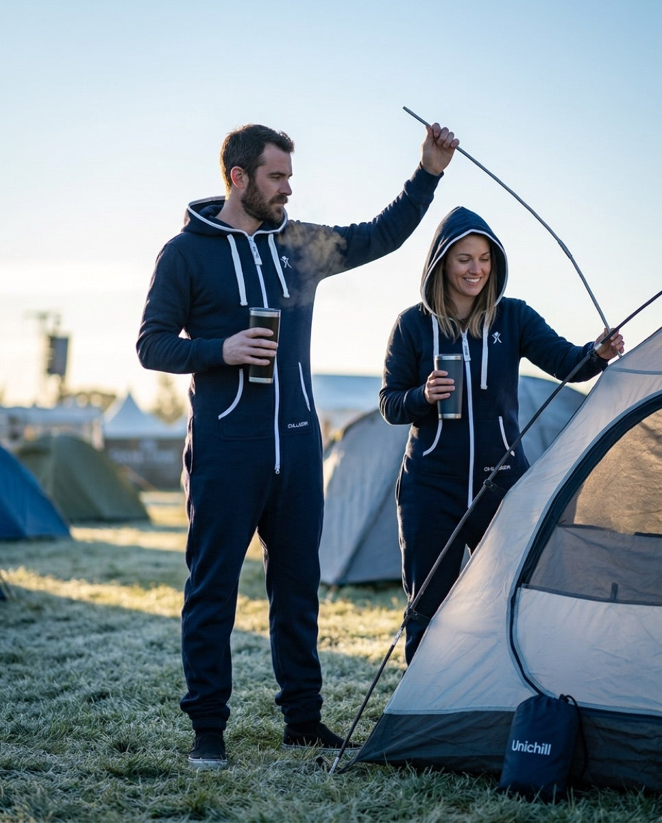 Festivalgoers in co-branded fleece onesies at a campsite