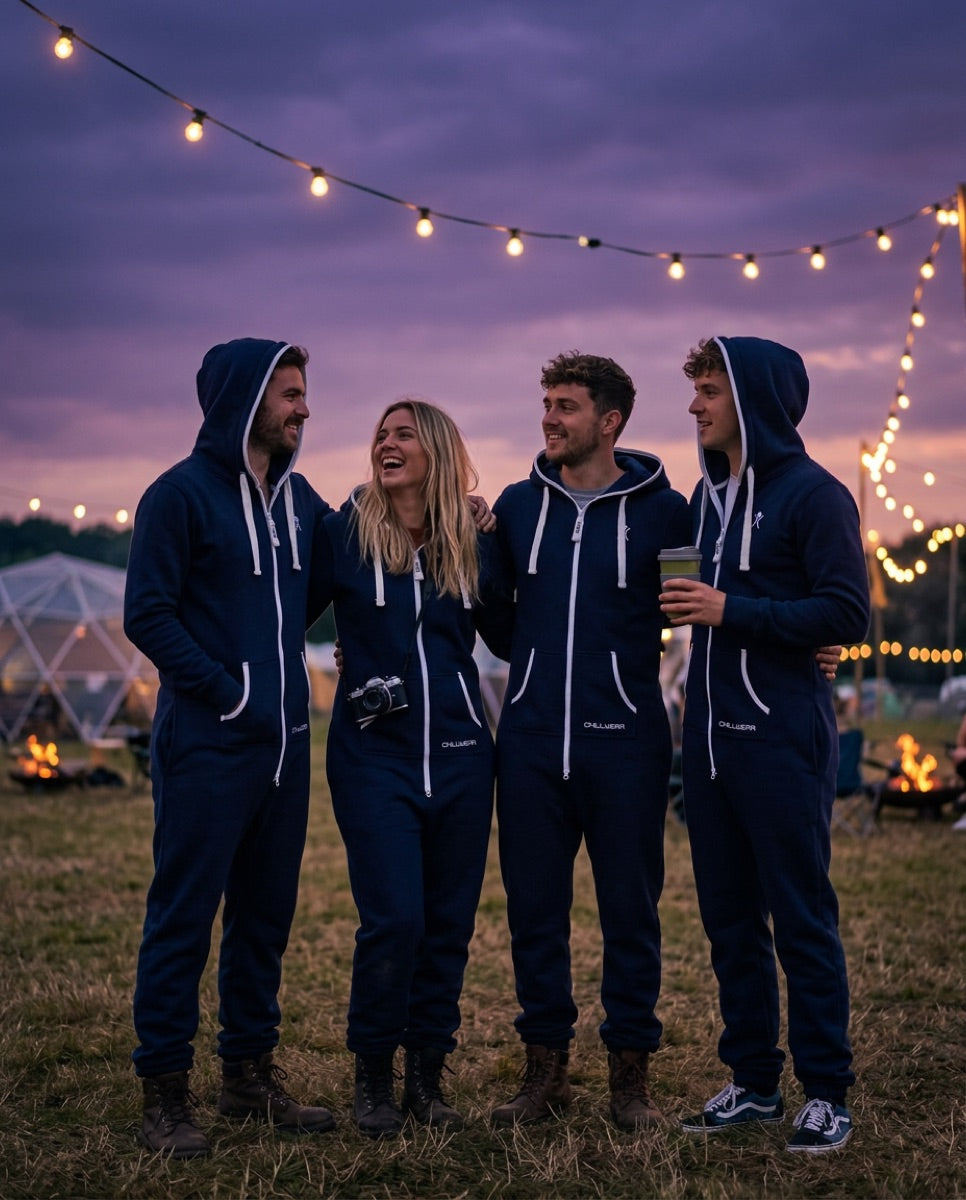 Festivalgoers in co-branded onesies dancing near the main stage