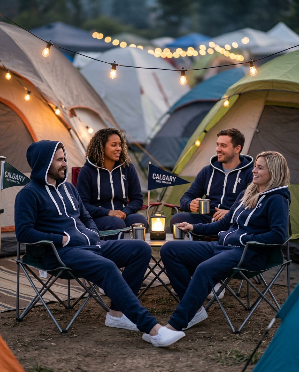 Friends staying warm in co-branded onesies around a campsite