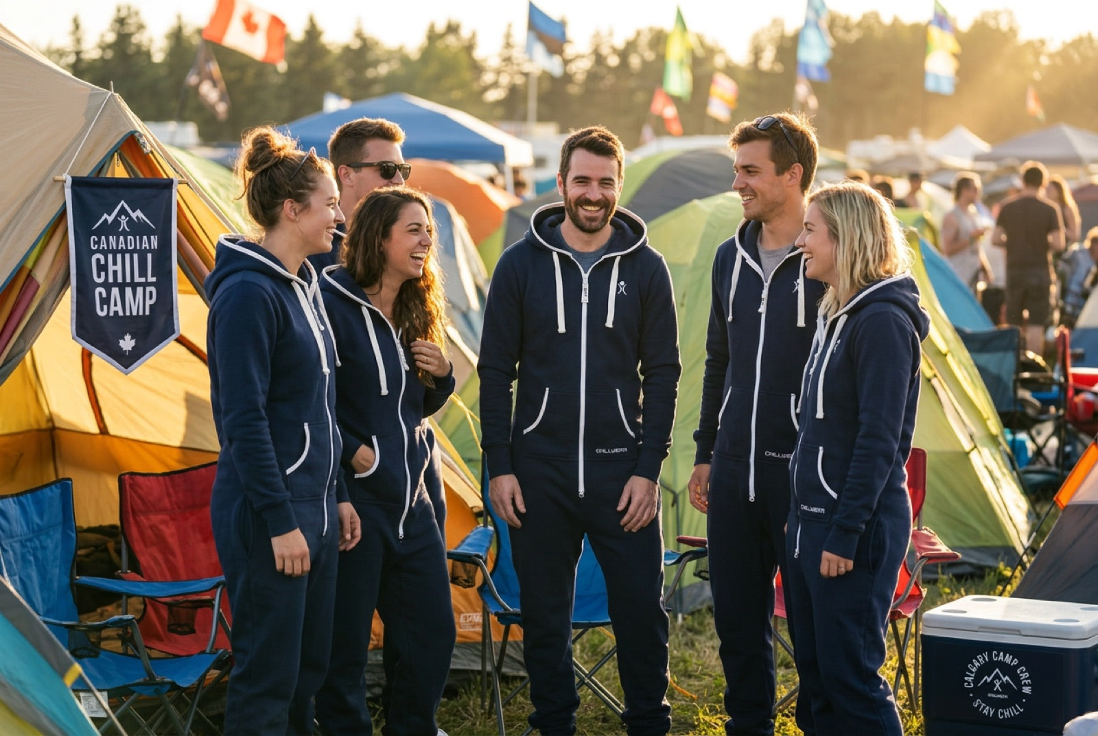 Festival crew relaxing in co-branded onesies at camp