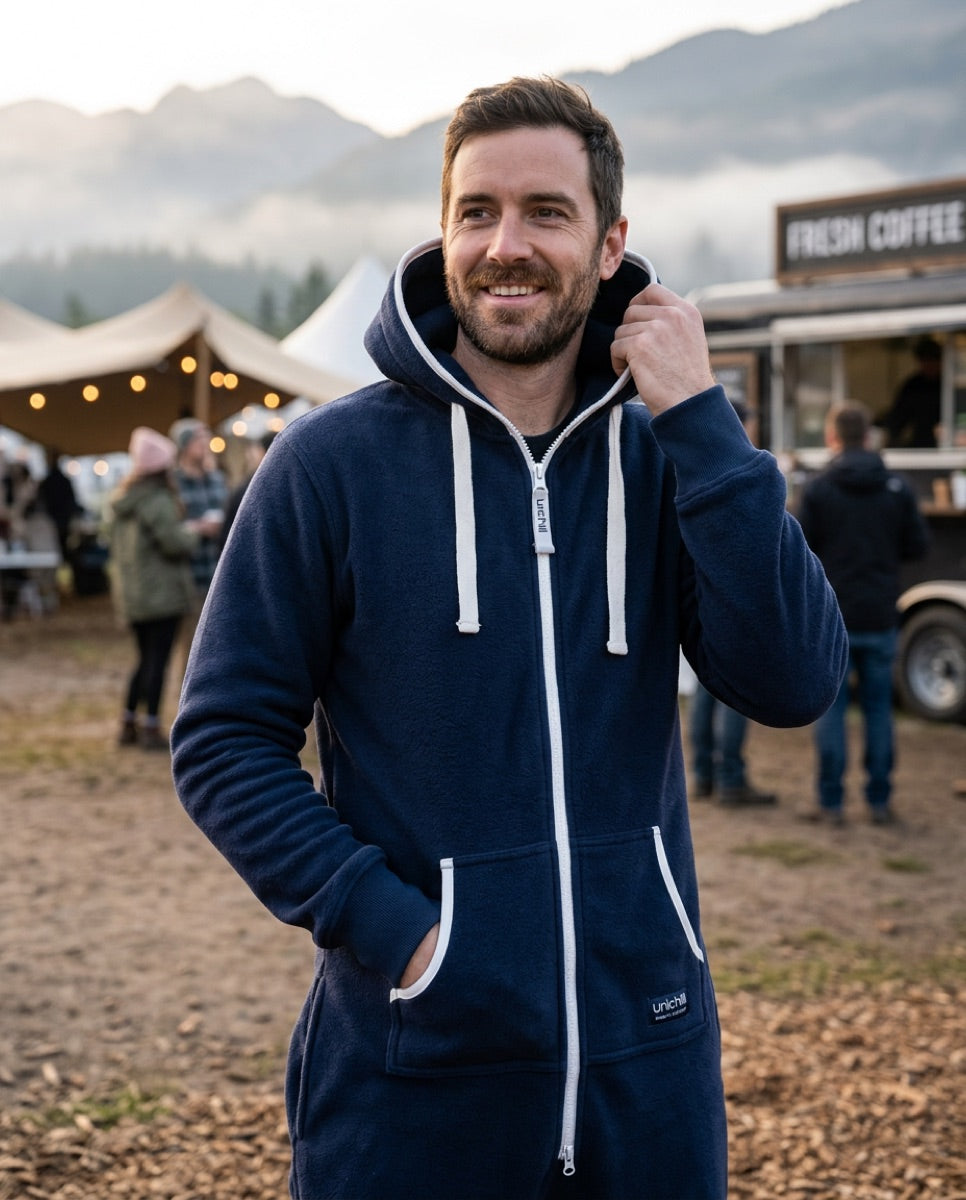 Festivalgoer in a Unichill onesie grabbing coffee at a food truck