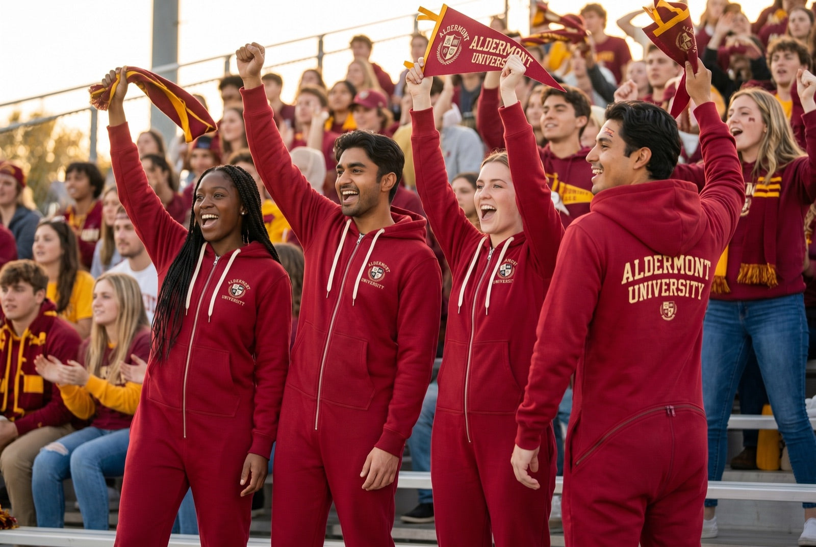 Students cheering in co-branded onesies at a college game-day