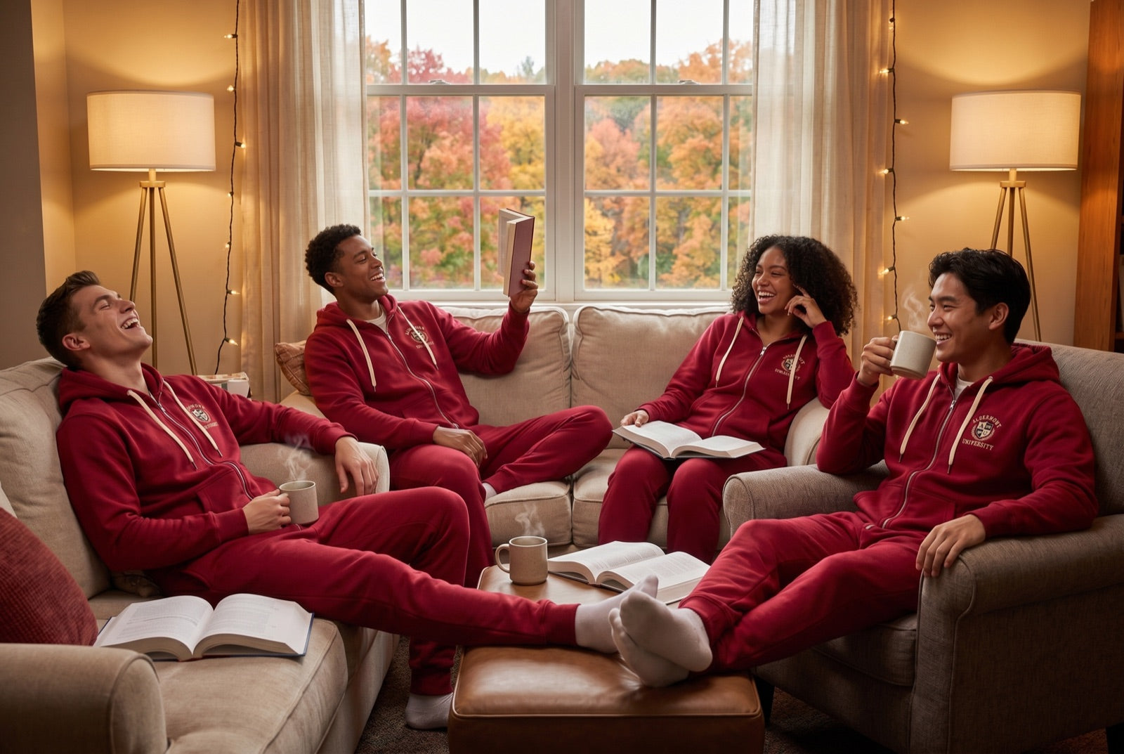 Students relaxing in a dorm common room in co-branded onesies