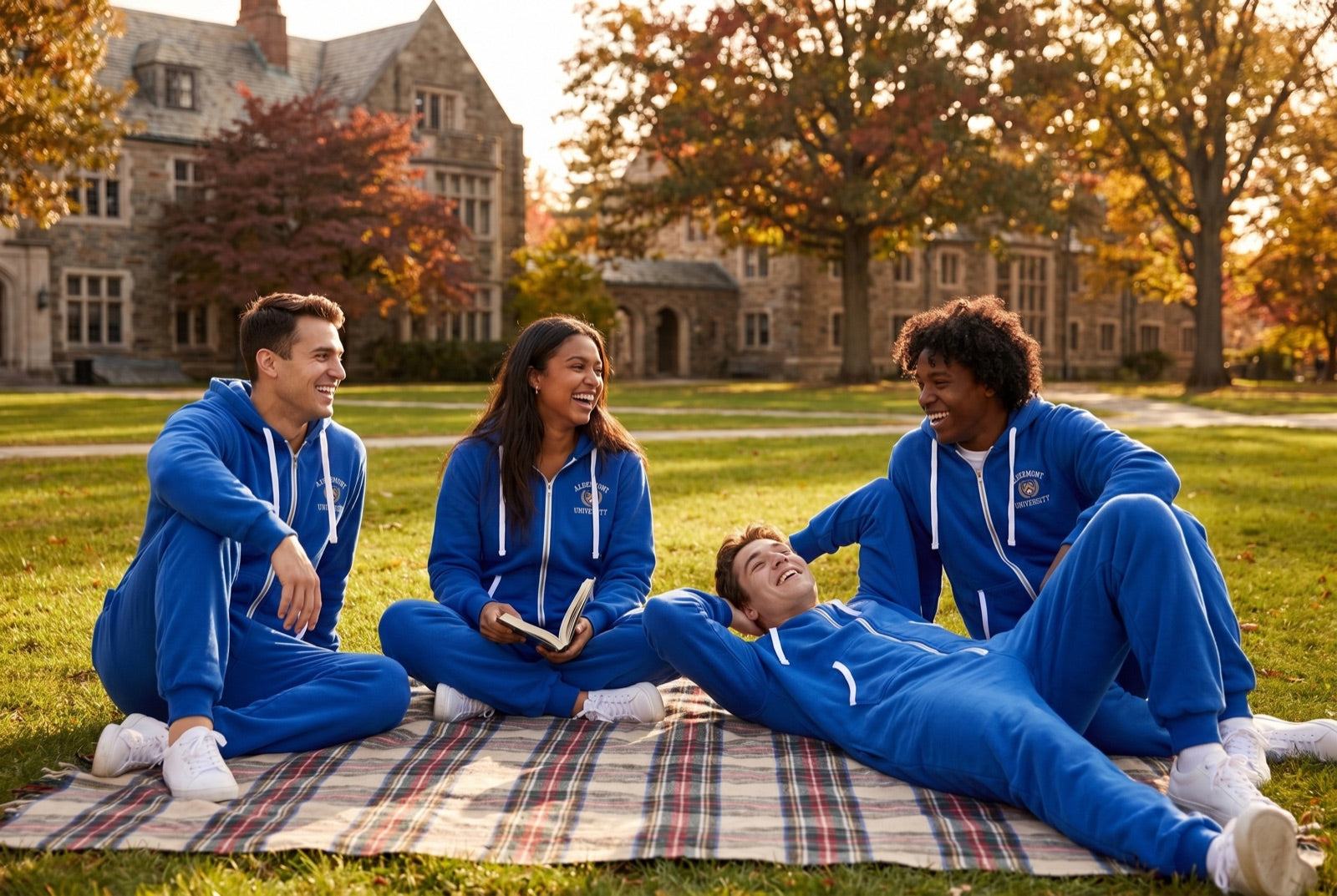 Students relaxing on a campus lawn in co-branded onesies
