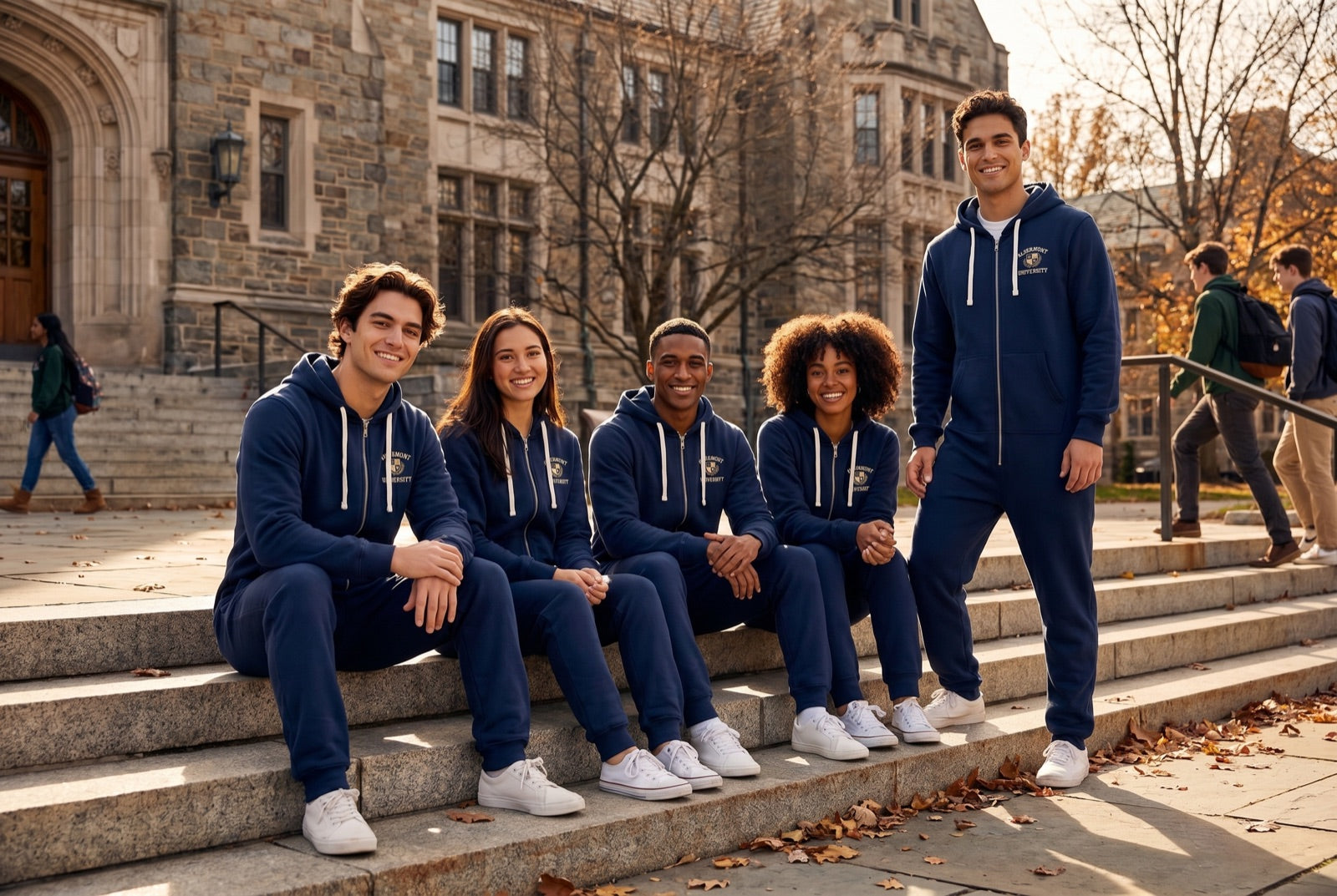 University students in co-branded navy campus onesies on the steps of a campus building