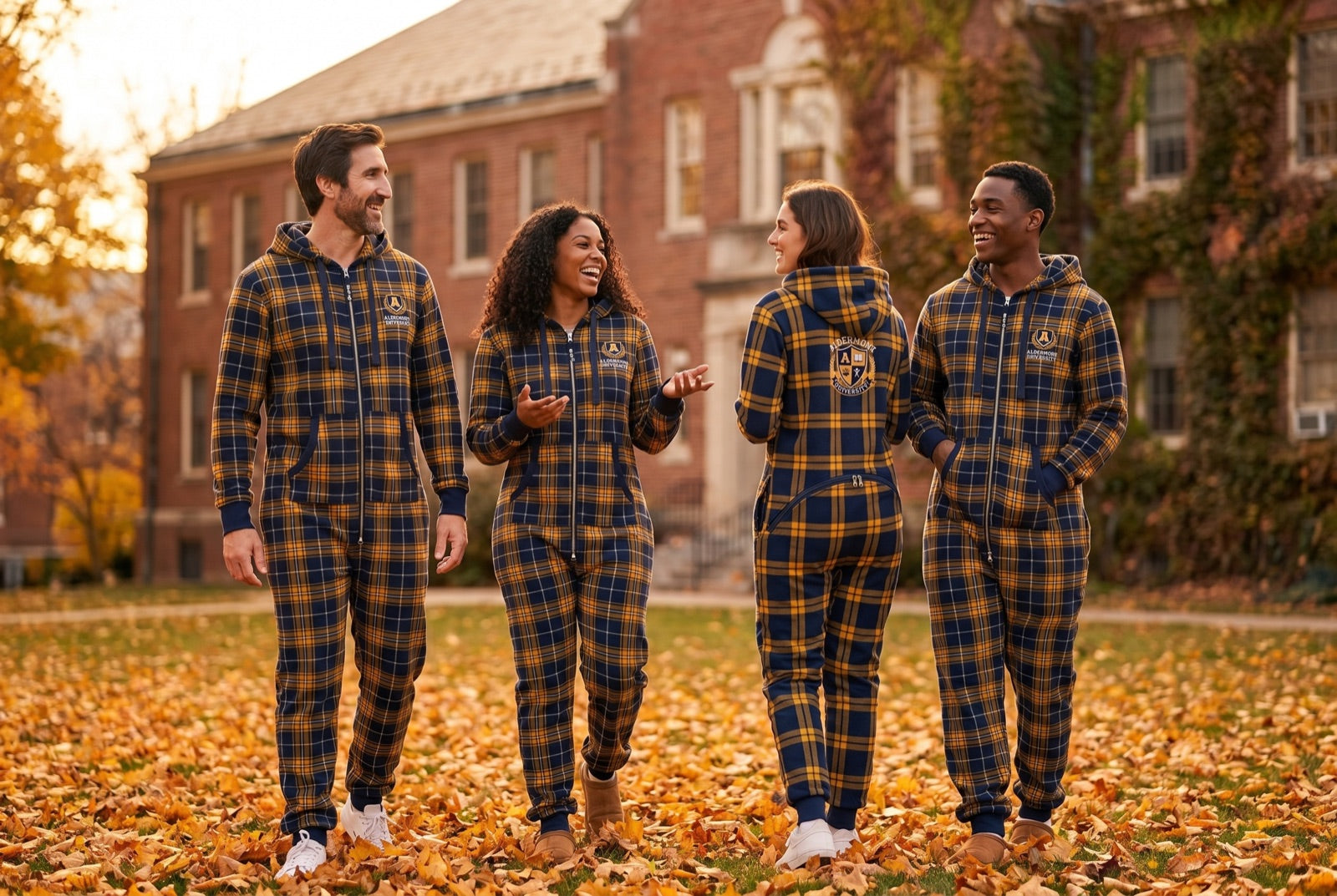 Students walking across campus in custom tartan print co-branded onesies